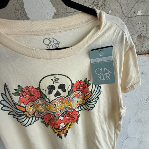 Aerosmith Skull Rose Graphic Band Tee Chaser Cream Vintage Wash Rock T Shirt NWT - Picture 4 of 6